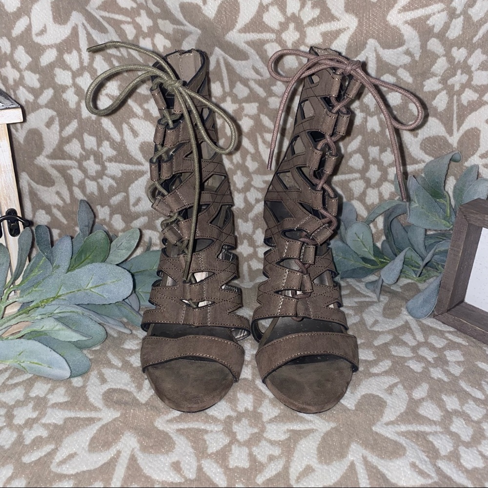 Tan laced up heels